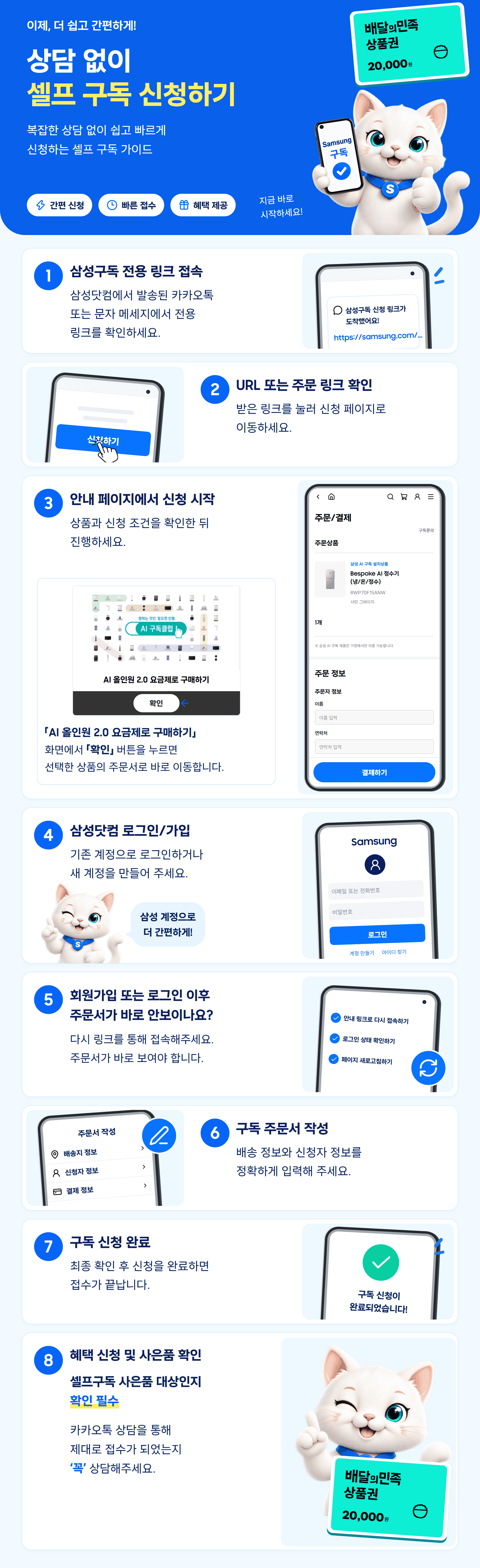 상담 없이 셀프로 구독 신청하는 8단계 안내. 먼저 전용 링크 접속, 주문 링크 확인, RWP70F15ANW 모바일 주문 화면, 삼성닷컴 로그인·가입, 주문서 재접속, 주문서 작성, 신청 완료, 사은품 대상과 카카오톡 접수 확인. 사은품은 배달의민족 상품권 2만원권 이미지.
